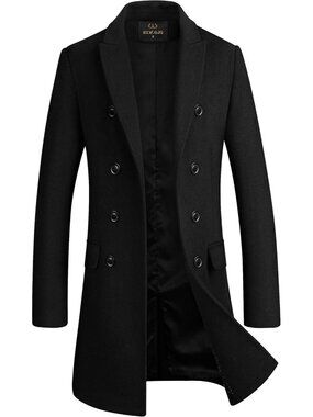 🆕 Men's Black 1 Premium Wool Blend Double Breasted Imported Long Pea Coat